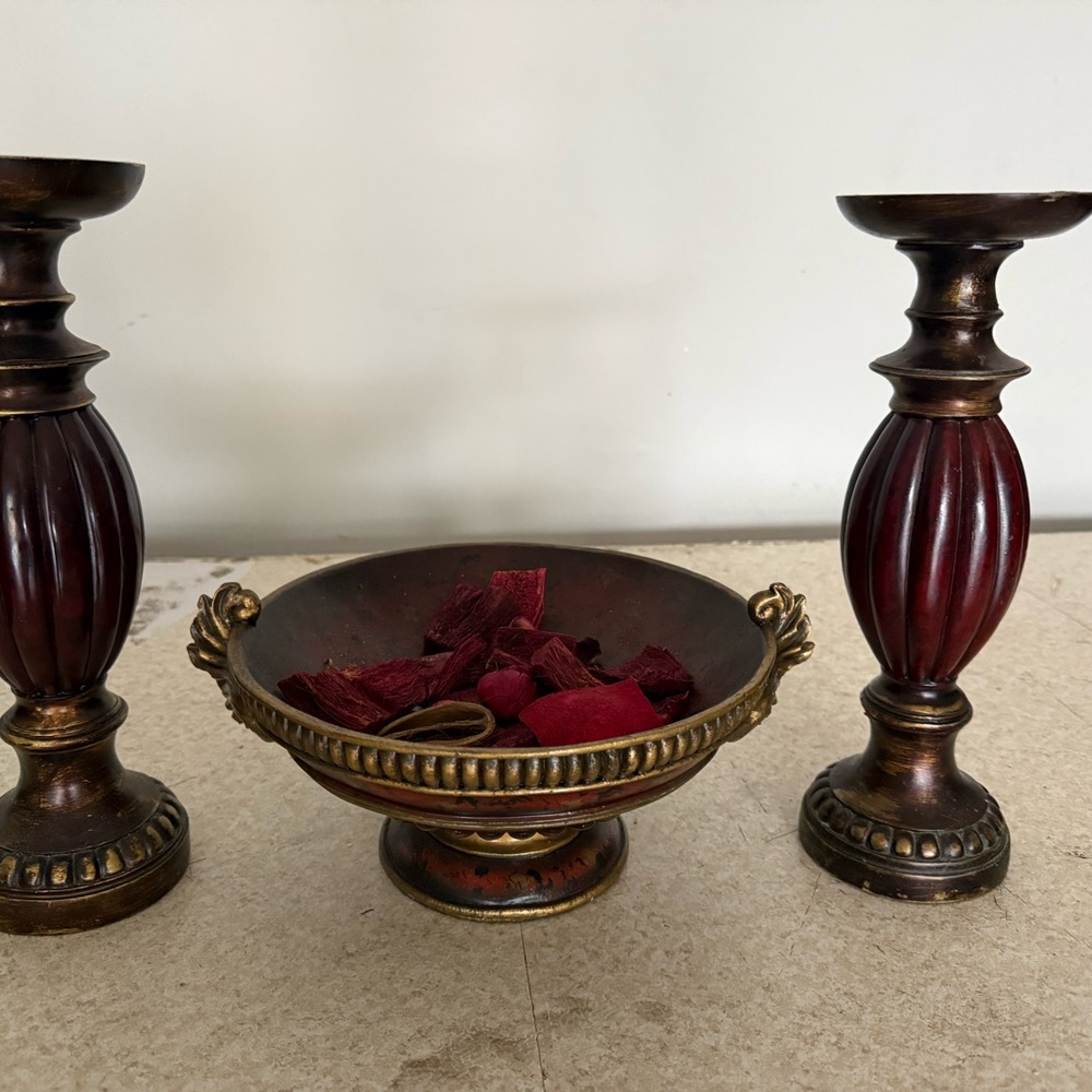 Elegant Bronze and Red Candle Holder Set